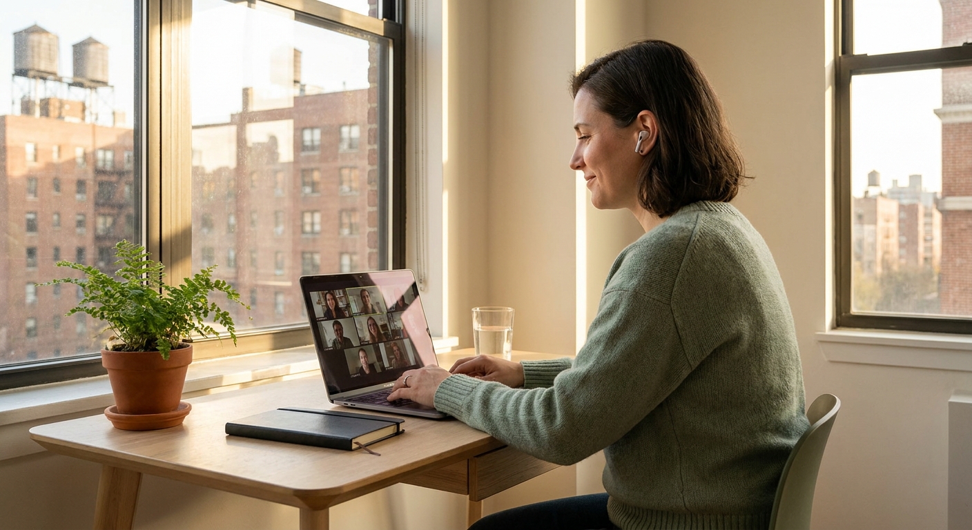 Person having a teletherapy session on laptop in a bright New York City apartment with natural light and calm, private setting