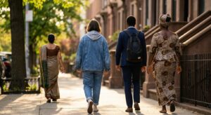 Diverse New Yorkers walking along a tree-lined Brooklyn street in afternoon light, each person dressed authentically and moving forward on their own path
