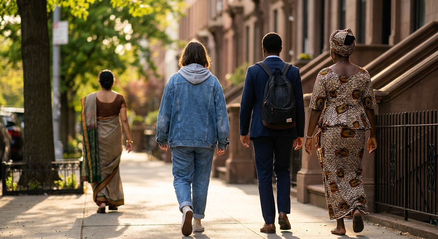 Diverse New Yorkers walking along a tree-lined Brooklyn street in afternoon light, each person dressed authentically and moving forward on their own path