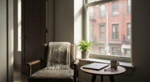 Quiet corner of a New York apartment with laptop and earbuds set up for a private teletherapy session, natural window light creating a calm atmosphere