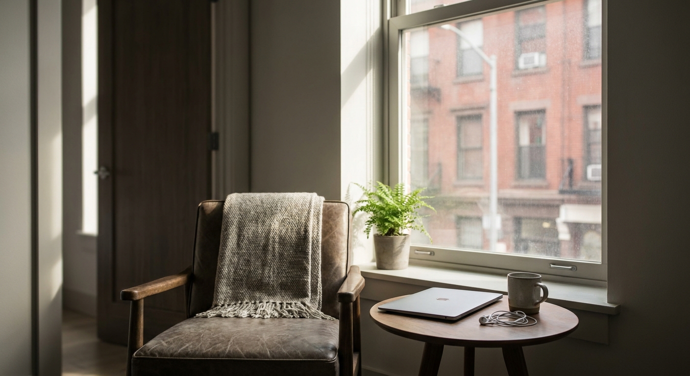 Quiet corner of a New York apartment with laptop and earbuds set up for a private teletherapy session, natural window light creating a calm atmosphere