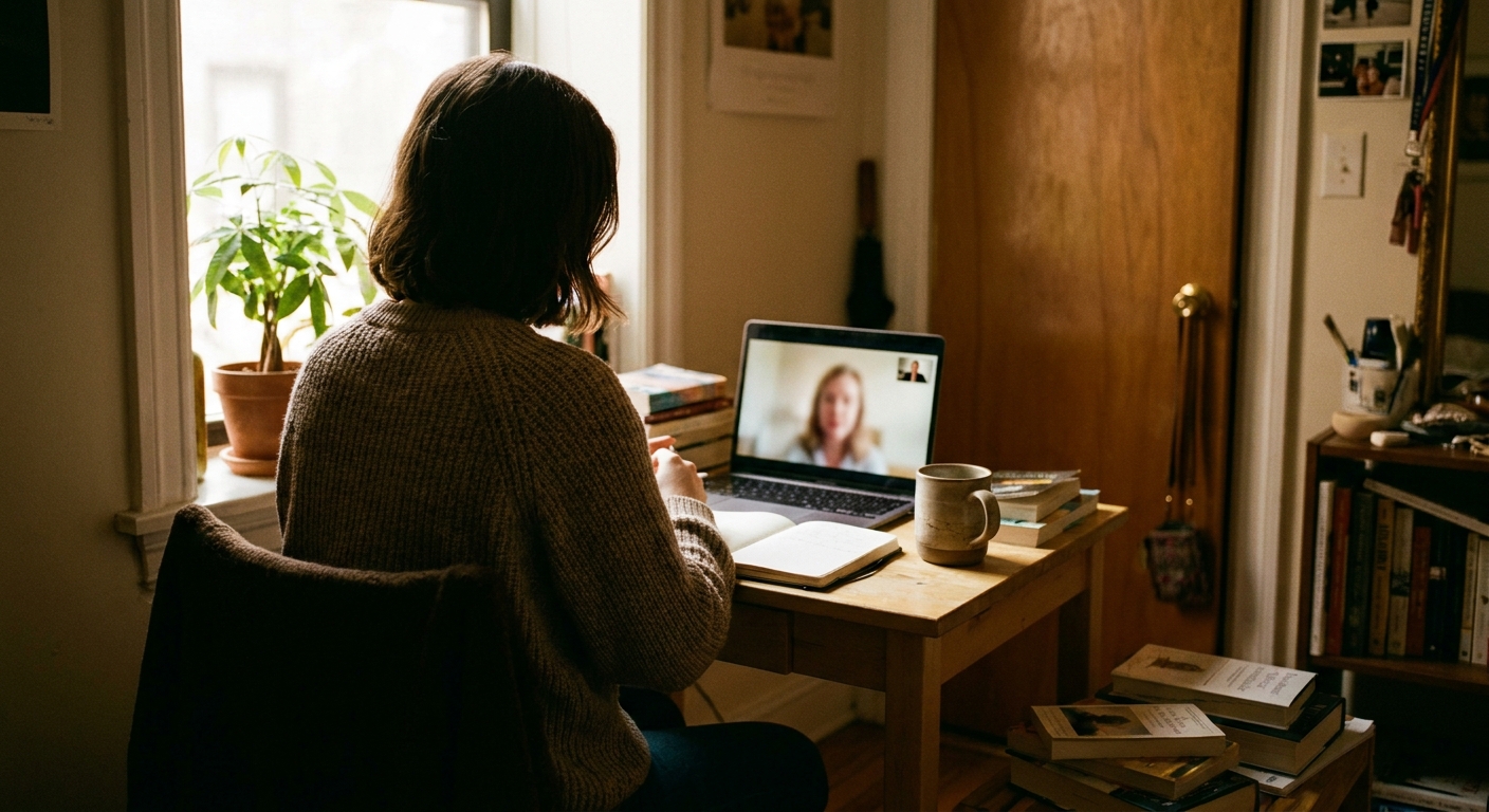 Person sitting at desk in sunlit NYC apartment during telehealth therapy session, viewed from behind with closed door and window visible