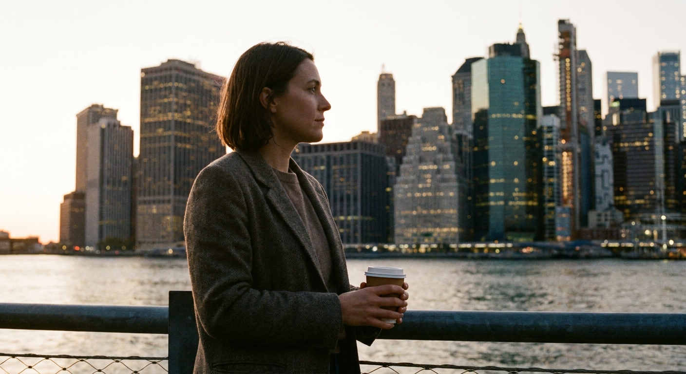 Young professional woman standing on Brooklyn waterfront at dusk, looking toward Manhattan skyline in contemplative moment