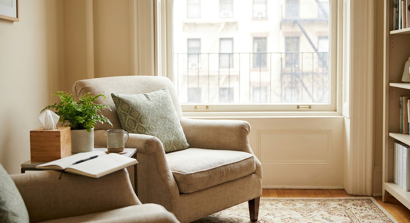 Welcoming therapy office in New York City with comfortable seating and natural light streaming through window