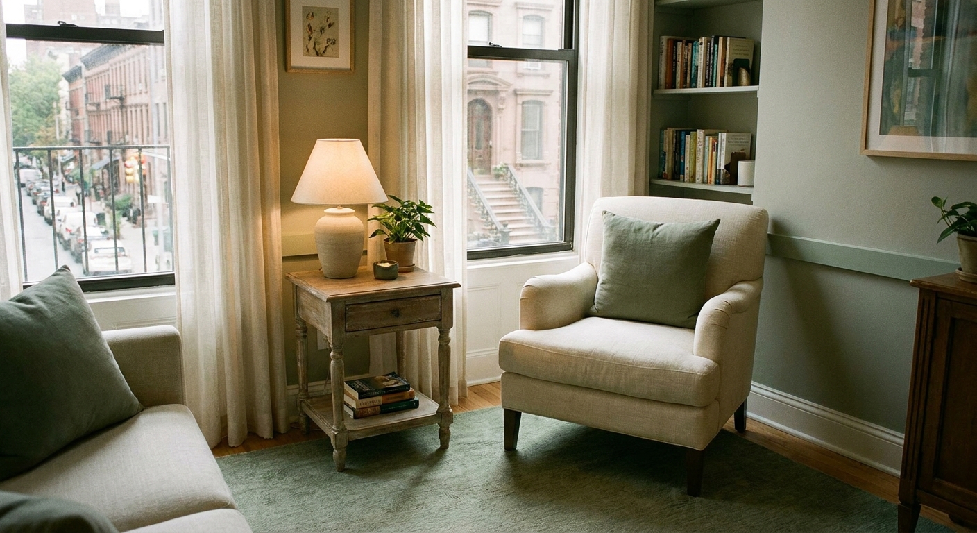 Comfortable therapy office interior with armchair and natural light in New York City