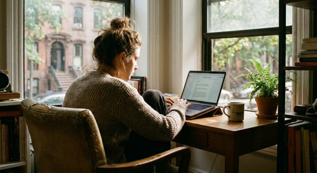 Person sitting at a sunlit desk in a NYC apartment during a video therapy session, with a laptop, houseplant, and soft natural light creating a calm, private atmosphere