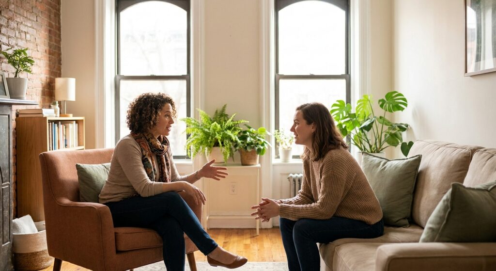 Two women engaged in a therapy session in a comfortable NYC office with natural light and green plants
