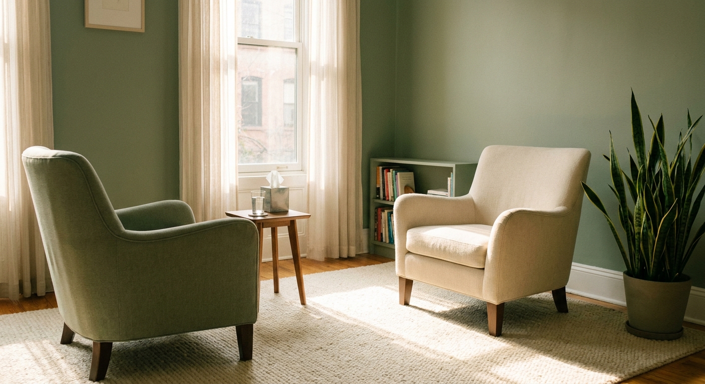 Sunlit therapy office in NYC with two comfortable chairs by a window, creating a warm and welcoming space for depression therapy sessions