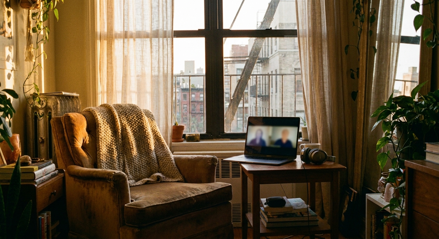 Cozy home therapy setup with laptop and headphones in a naturally lit New York City apartment corner, representing the comfortable private space for an online therapy session