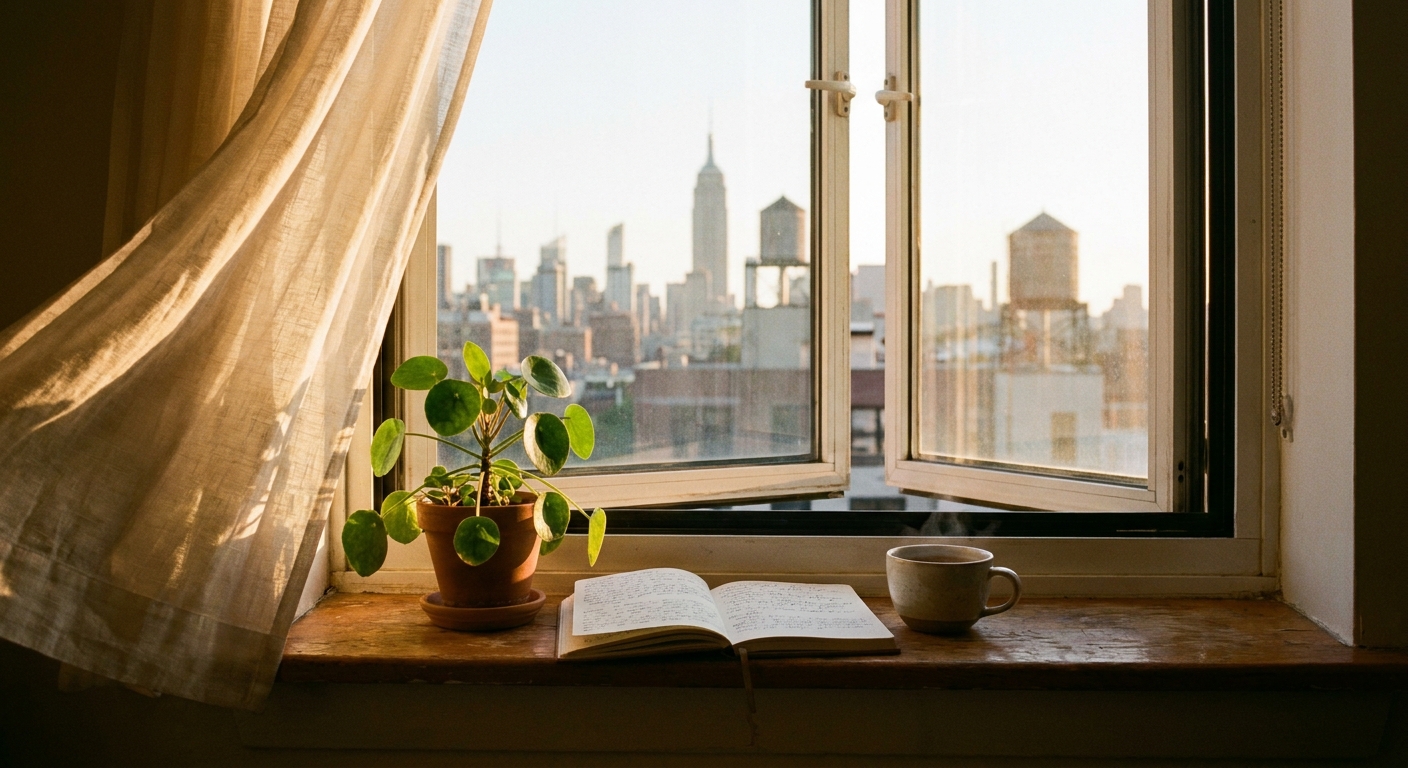 Morning light through a New York apartment window with tea and journal on windowsill, overlooking the city skyline