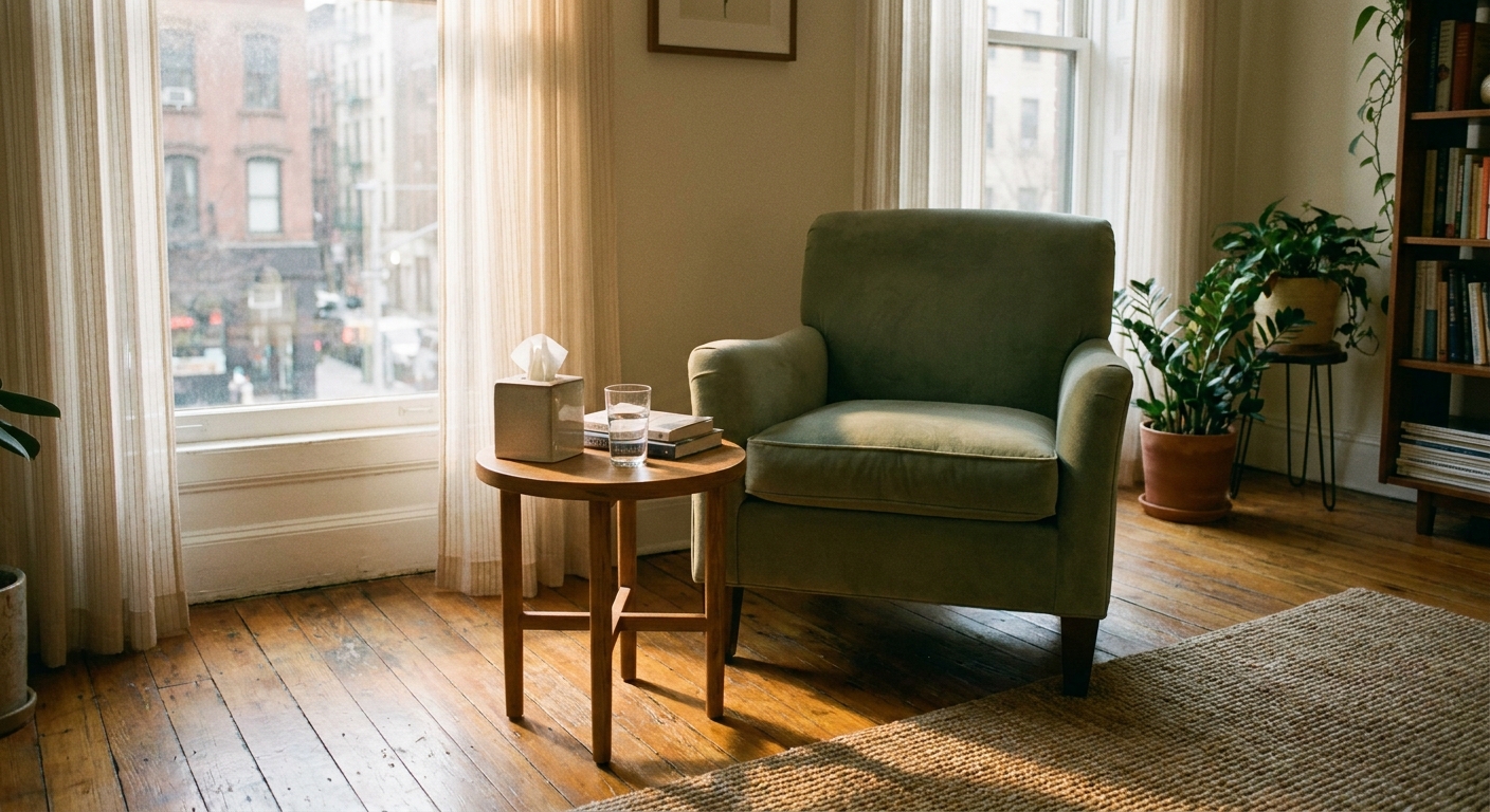 Comfortable therapy office in NYC with green armchair near window with city view