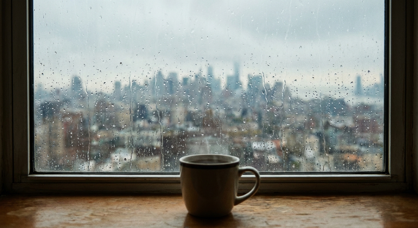 View through a rainy window in a NYC apartment with a mug of tea on the windowsill and blurred city skyline beyond