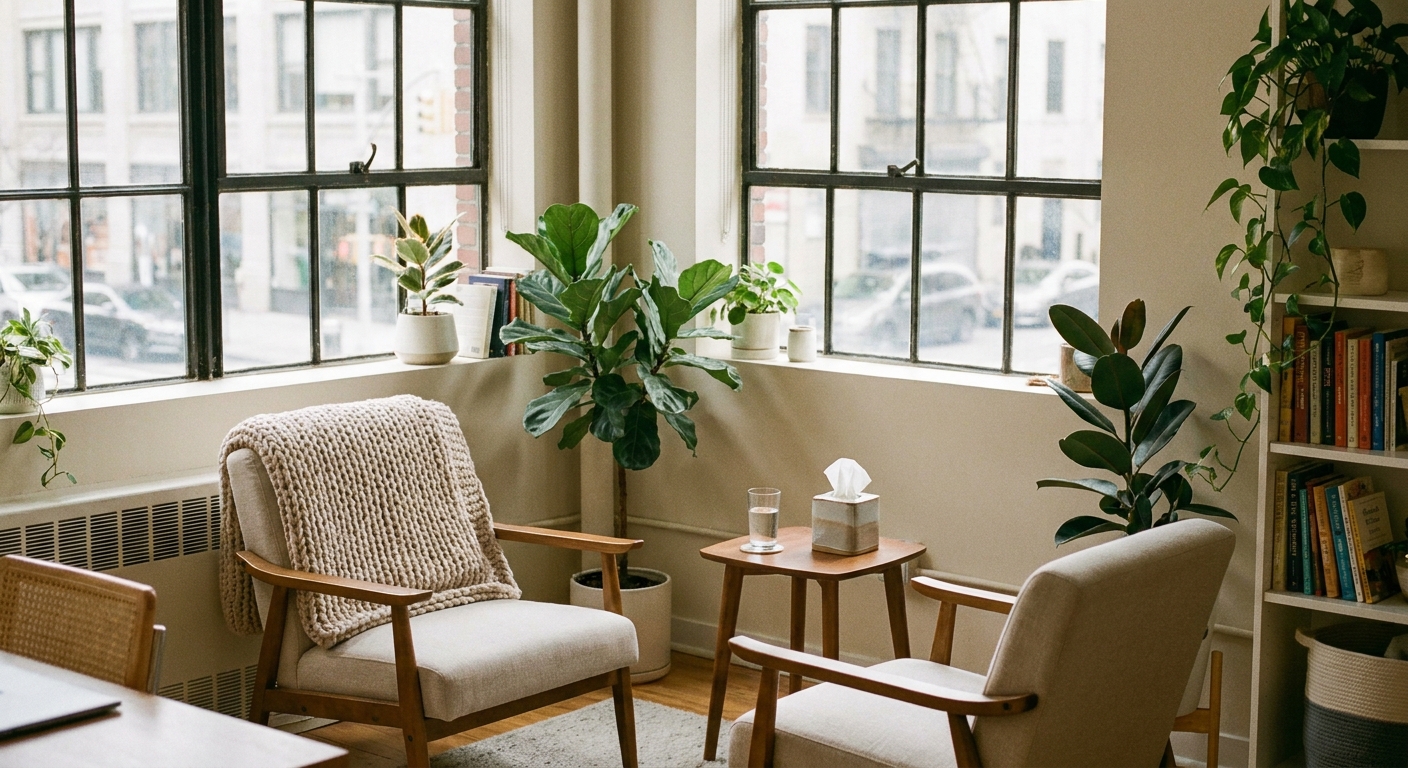 Comfortable therapy office in NYC with two armchairs, plants, and natural light creating a welcoming atmosphere