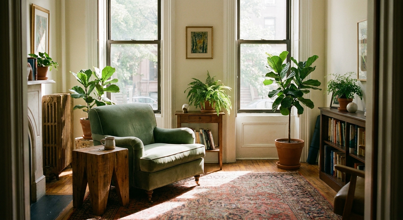 Calm therapy room with natural light and comfortable seating in mint green tones at NYC psychotherapy practice