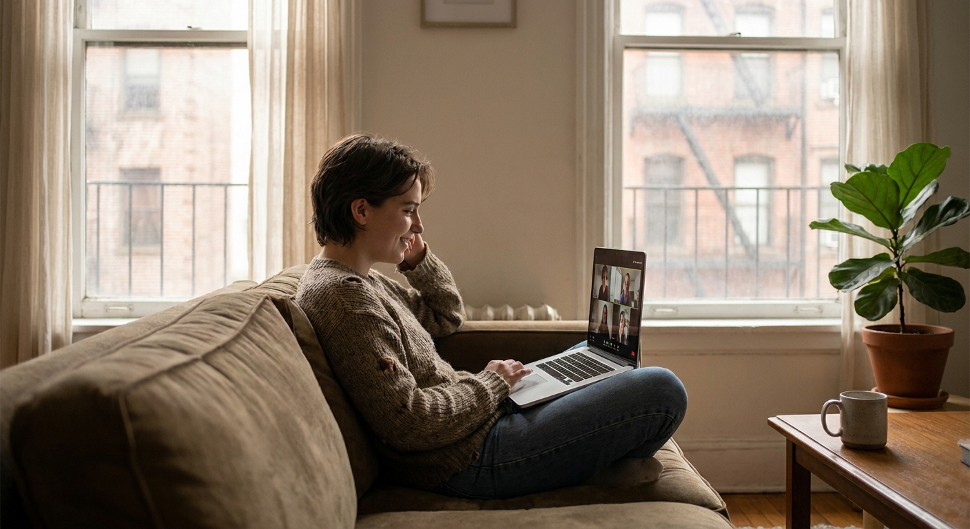 Person attending online therapy session from their comfortable New York City apartment with natural window light