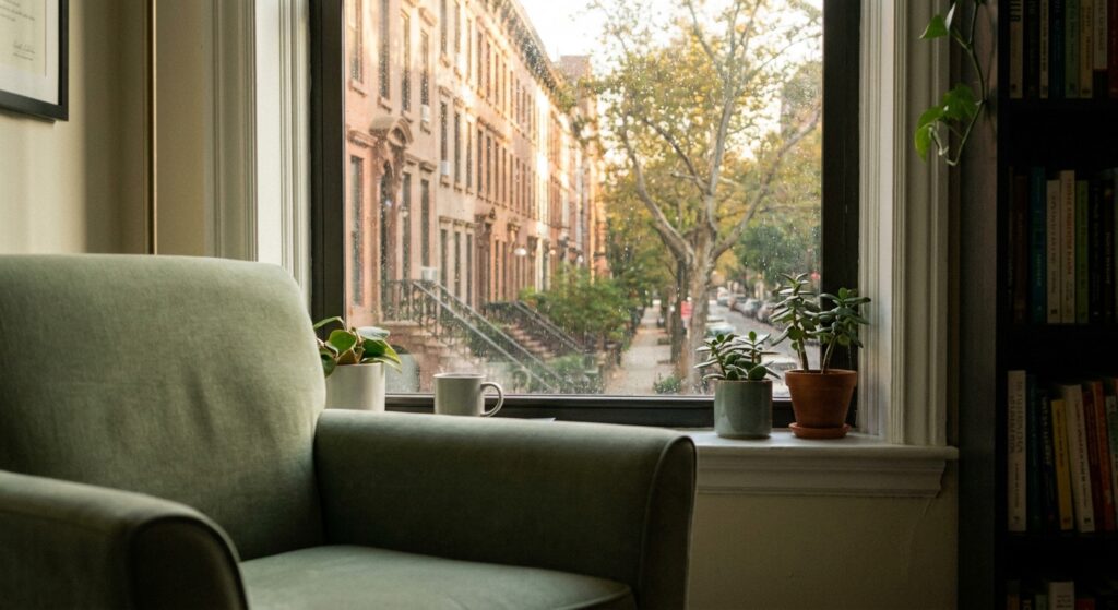 Calm therapy office window view with green chair overlooking tree-lined NYC street in natural light