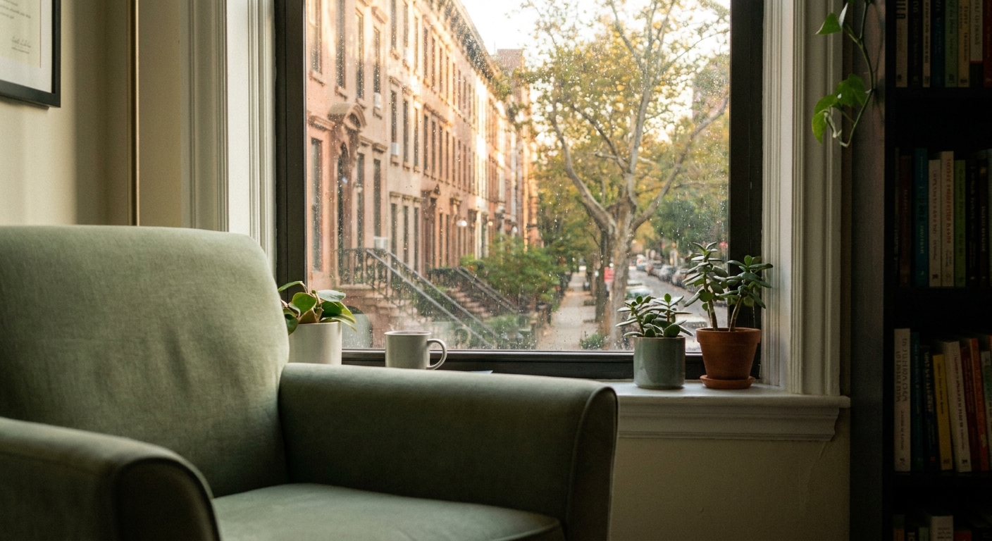 Calm therapy office window view with green chair overlooking tree-lined NYC street in natural light